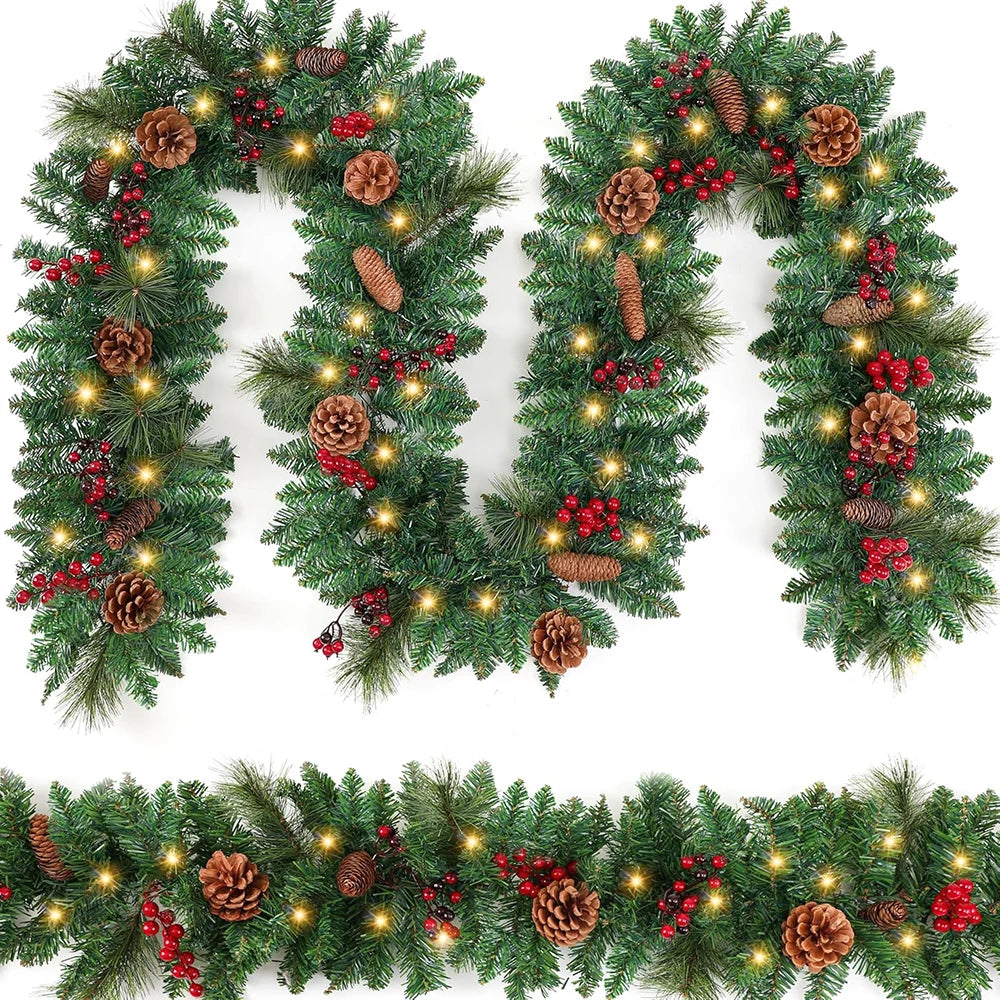 1.8/2.7M Christmas Garland LED Rattan Decorative, Christmas Garland Artificial Xmas Tree Rattan Decoration Wreath New Year Decor